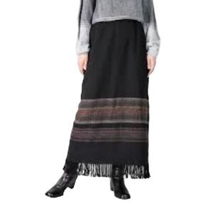 T. Garment Women's Black Wool Blend Striped Southwestern Long Lined Skirt w Frin